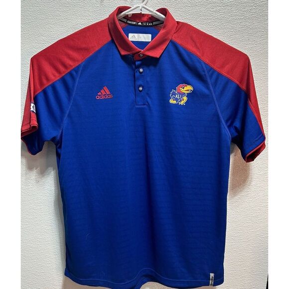 Adidas Climalite Kansas Jayhawks Short Sleeve Polo Shirt Blue Red Size XL‎ - Picture 1 of 4